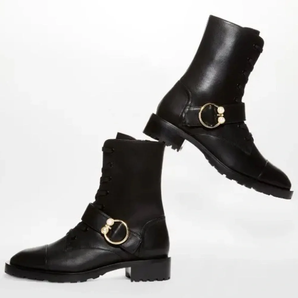Stuart Weitzman Pearlring Leather Ankle Combat Bootie Black